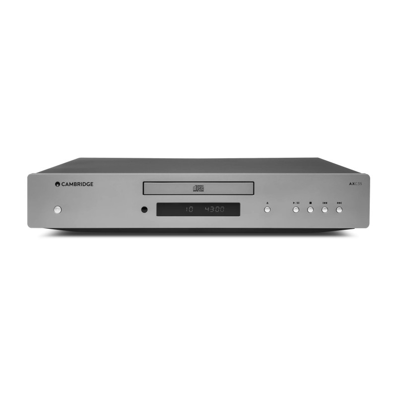 Cambridge Audio AXC35, vista frontal con la bandeja de CD, la pantalla y los botones de reproducción
