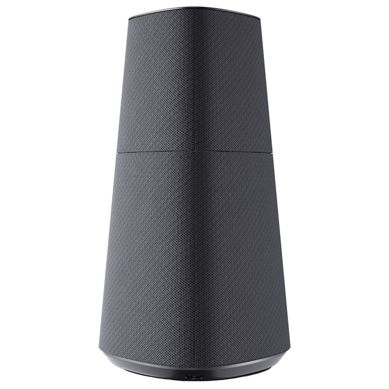 Loewe klang mr5, vista de una arista de la torre con la tela gris oscura y la base negra