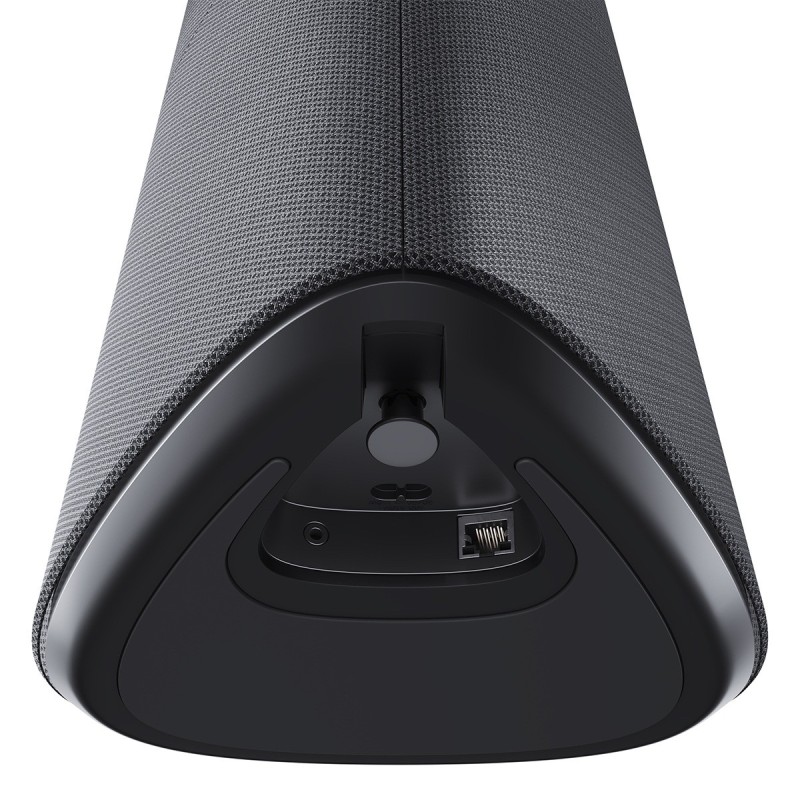 Loewe klang mr5, vista inferior de la base triangular con la toma Ethernet y una toma de jack