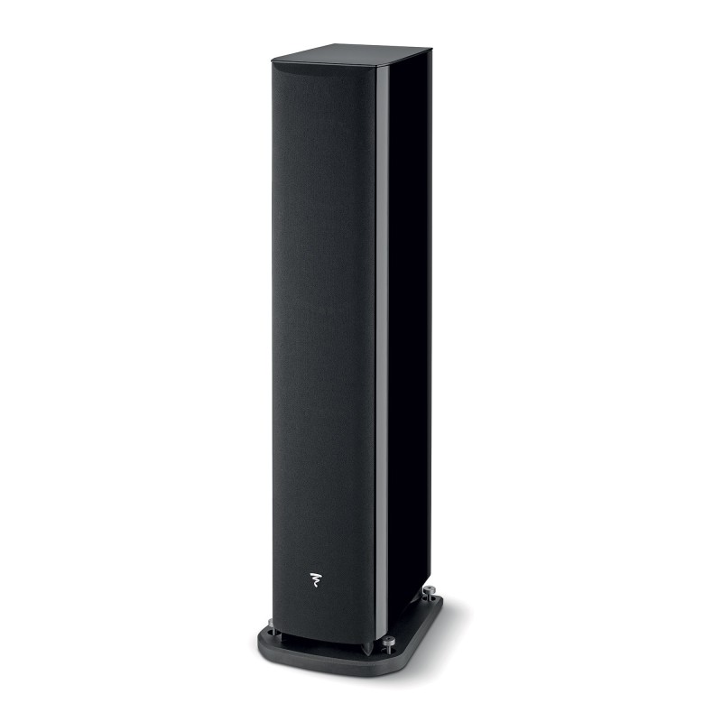 Focal Aria Evo X N3 — columna de 3 vías Black High Gloss, vista fronto lateral con rejilla