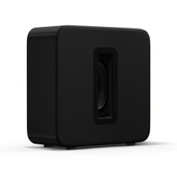 Sonos Sub 4 negro en vista tres cuartos con el puerto acústico central