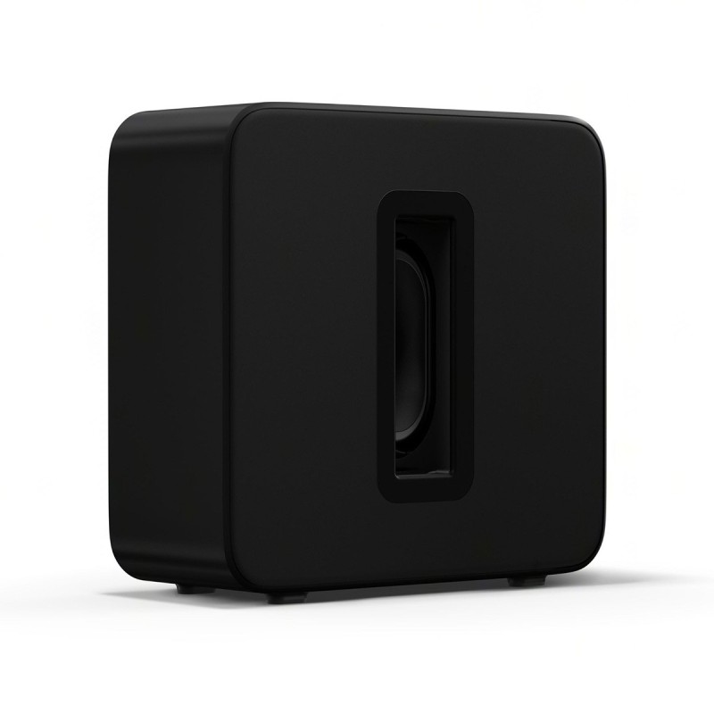 Sonos Sub 4 negro en vista tres cuartos con el puerto acústico central