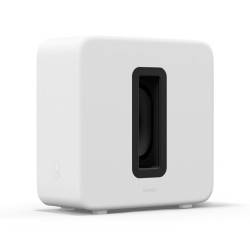 Sonos Sub 4 blanco en vista tres cuartos con el puerto acústico central