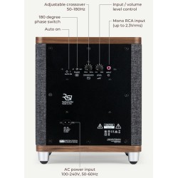 Ruark Audio RS1 Subwoofer Activo Walnut, vista trasera con conexiones explicadas