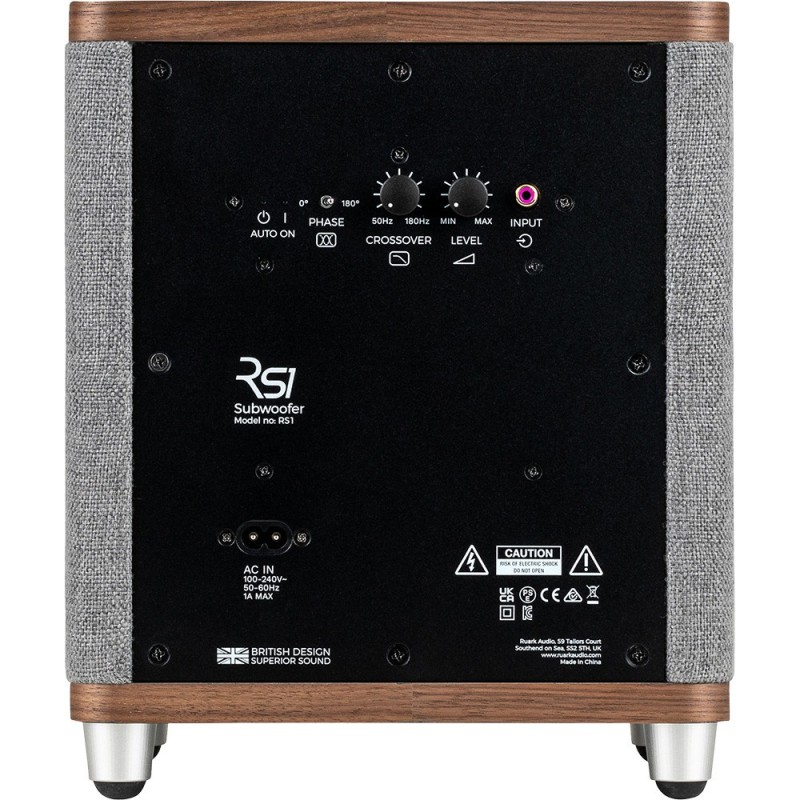 Ruark Audio RS1 Subwoofer Activo Walnut, vista trasera con conexiones