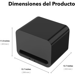 WiiM Sub Pro Subwoofer Activo negro — vista posterior superior lateral, con conexiones y medidas impresas
