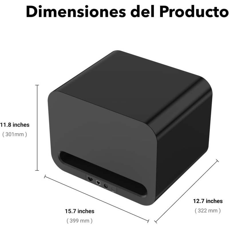 WiiM Sub Pro Subwoofer Activo negro — vista posterior superior lateral, con conexiones y medidas impresas