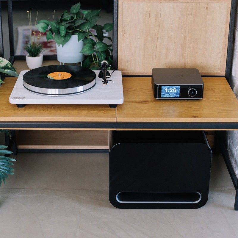 WiiM Sub Pro Subwoofer Activo negro — vista frontal en salon con tocadiscos y amplificador WiiM Amp