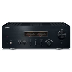 Yamaha A-S1200 en negro, vista frontal con los dos vúmetros, el mando de volumen y el selector de entradas
