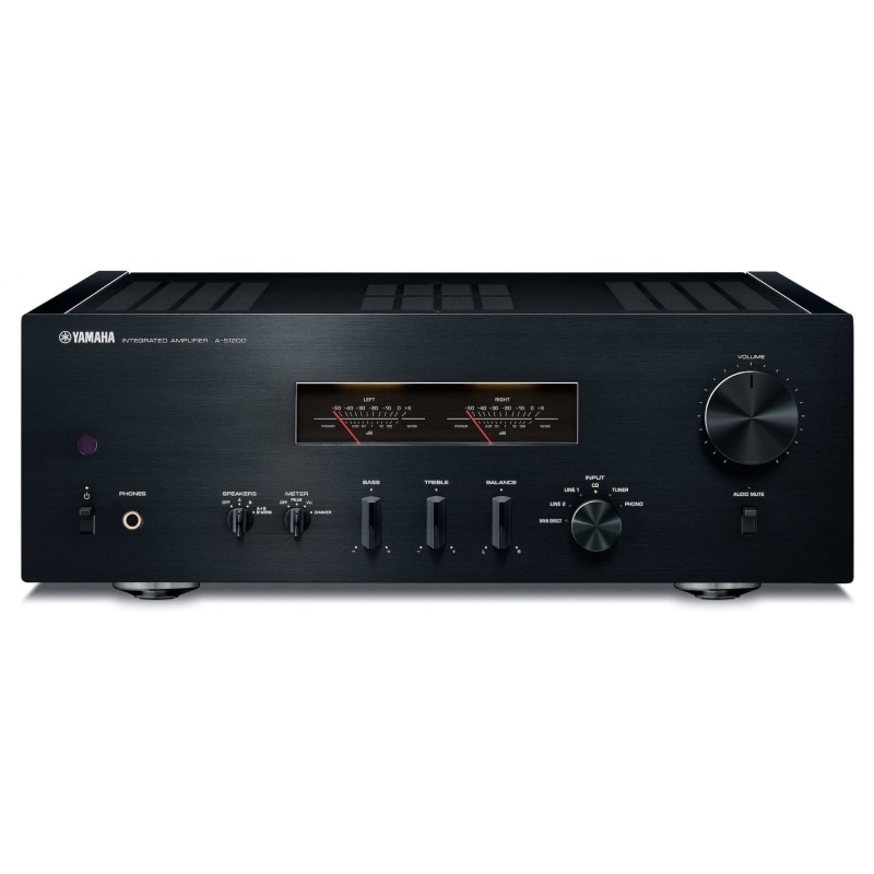 Yamaha A-S1200 en negro, vista frontal con los dos vúmetros, el mando de volumen y el selector de entradas