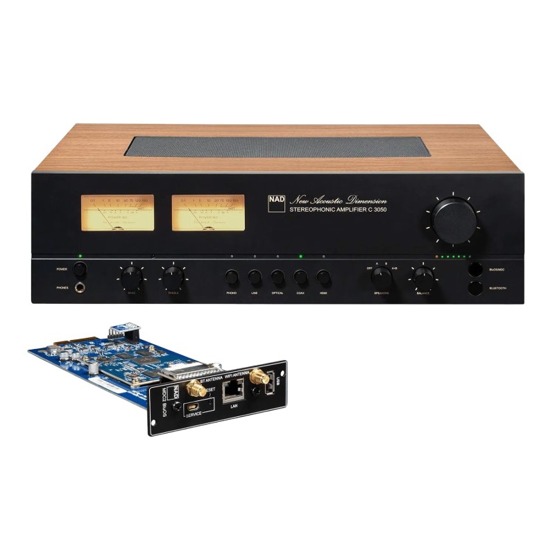 NAD MDC2 BluOS-D | Módulo de Streaming y Dirac Live al lado de un NAD C 3050 compatible