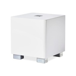 REL T/5x en blanco, vista de tres cuartos del mueble lacado brillante sobre cuatro patas plateadas