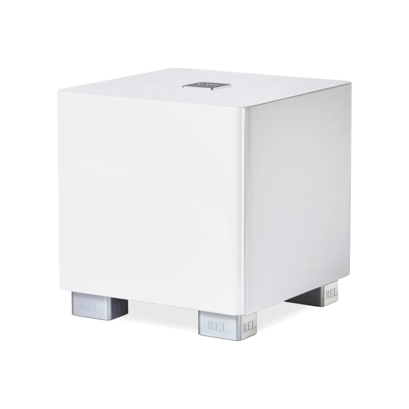 REL T/5x en blanco, vista de tres cuartos del mueble lacado brillante sobre cuatro patas plateadas