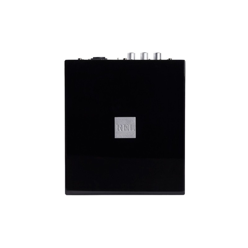 REL Tzero MKIII negro | Subwoofer Compacto vista superior con detalle conexiones traseras