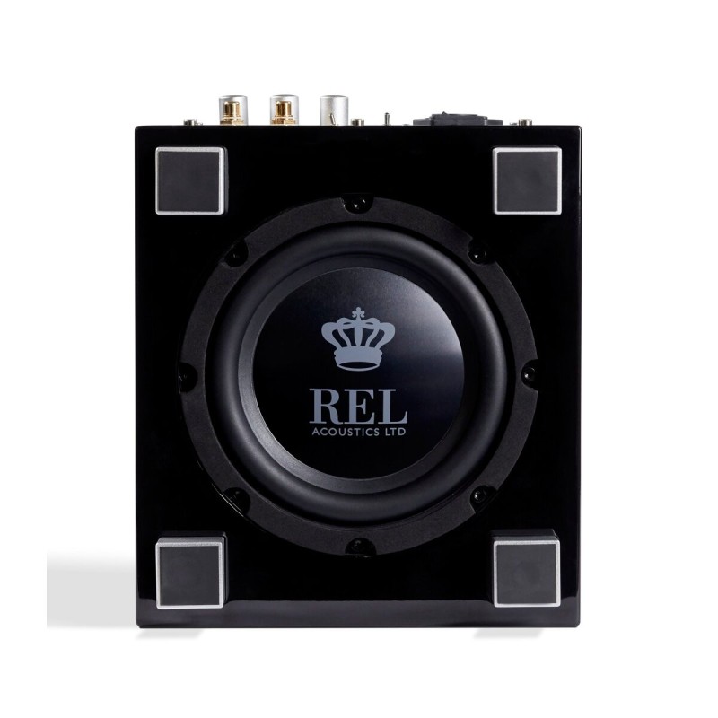REL Tzero MKIII negro | Subwoofer Compacto vista inferior con detalle del driver y de los conectores traseros