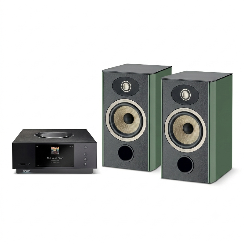 Naim Uniti Atom con altavoces Focal Aria Evo X N°1 en acabado Moss Green, vista frontal