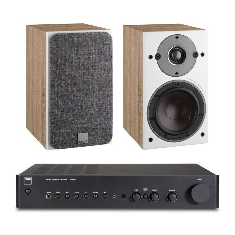 NAD C 316BEE V2 + DALI Oberon 1 Roble claro vista frontal un altavoz con rejilla y otro sin ella