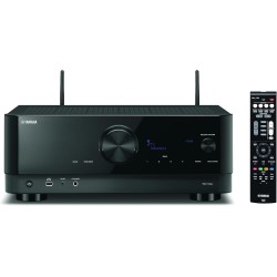Yamaha RX-V4A — Vista frontal con mando a distancia y antenas wifi