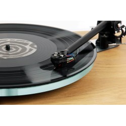 Rega Planar 3 Roble claro — vista cenital brazo y capsula sobre el disco