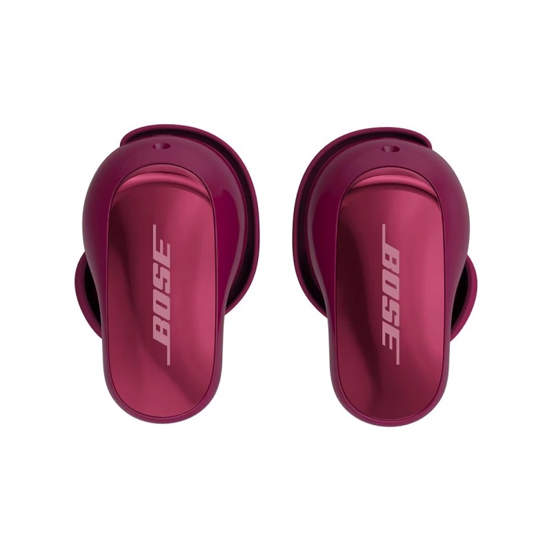 Bose QuietComfort Ultra Earbuds (2.ª gen) en Deep Plum, vista frontal con el logotipo BOSE en ambos