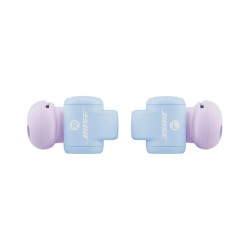 Bose Ultra Open Earbuds en Chilled lilac, vista inferior con el logotipo BOSE y las marcas R y L