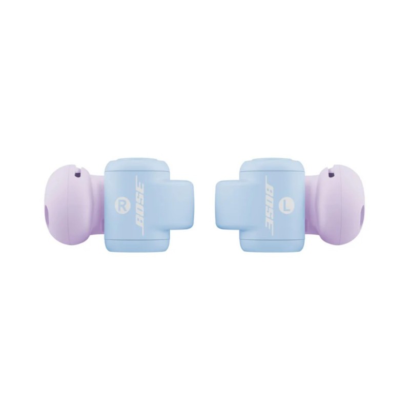 Bose Ultra Open Earbuds en Chilled lilac, vista inferior con el logotipo BOSE y las marcas R y L