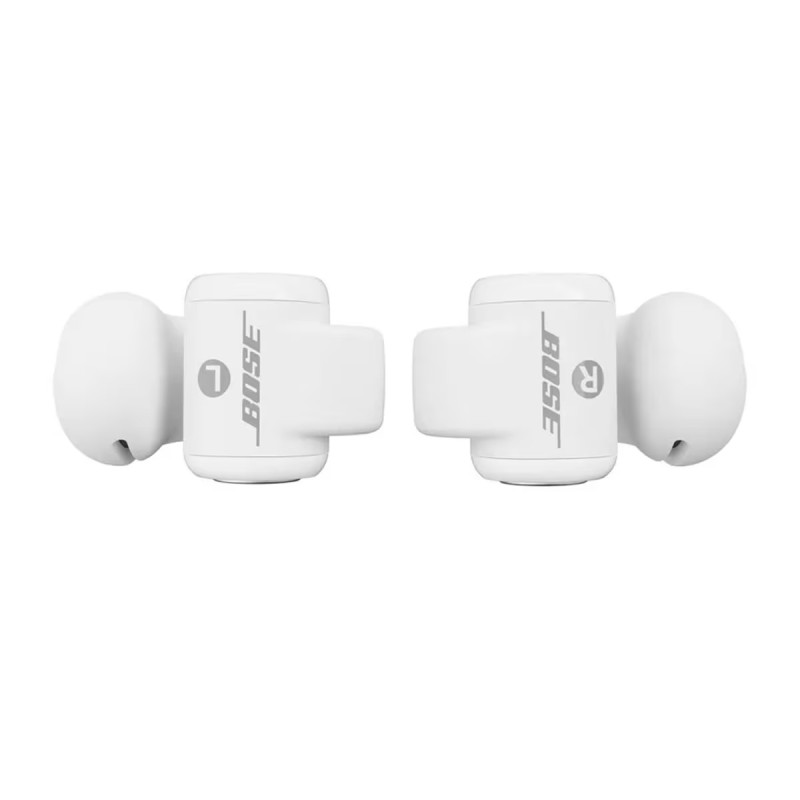 Bose Ultra Open Earbuds en Diamond 60th edition, vista inferior con el logotipo BOSE y las marcas R y L