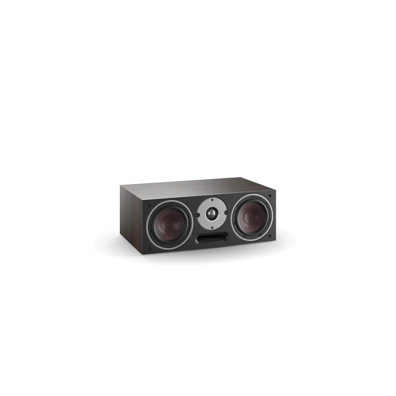 DALI Oberon Vokal en nogal oscuro, vista de tres cuartos sin rejilla con el tweeter entre dos woofers