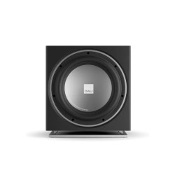 DALI SUB E-12 F negro ceniza — vista frontal con rejilla retirada, woofer de aluminio de 12 pulgada