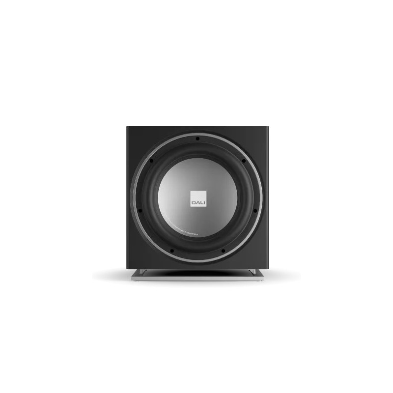 DALI SUB E-12 F negro ceniza — vista frontal con rejilla retirada, woofer de aluminio de 12 pulgada
