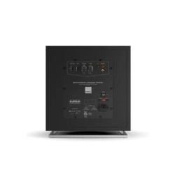 DALI SUB E-12 F negro ceniza — panel trasero, conexiones LFE y RCA, controles de volumen, fase y corte