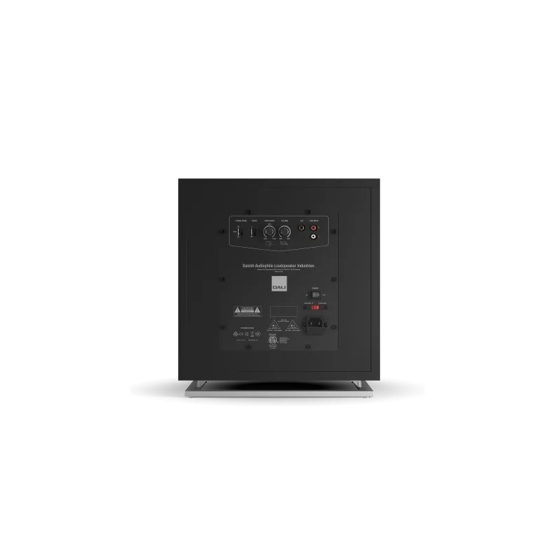 DALI SUB E-12 F negro ceniza — panel trasero, conexiones LFE y RCA, controles de volumen, fase y corte
