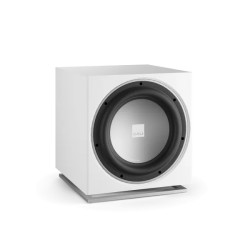 DALI SUB E-12 F blanco satinado — Subwoofer Activo de 12 Pulgadas, vista 3/4 frontal