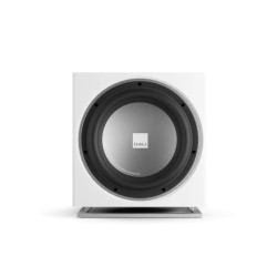 DALI SUB E-12 F blanco satinado — vista frontal con rejilla retirada, woofer de aluminio de 12 pulgadas