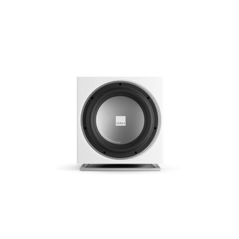 DALI SUB E-12 F blanco satinado — vista frontal con rejilla retirada, woofer de aluminio de 12 pulgadas
