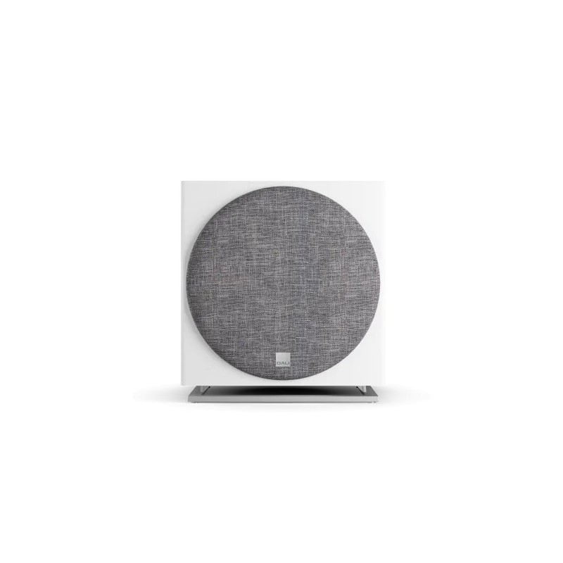 DALI SUB E-12 F — rejilla frontal magnética puesta, acabado en tela gris