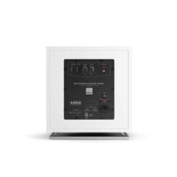 DALI SUB E-12 F blanco satinado — panel trasero, conexiones LFE y RCA, controles de volumen, fase y corte