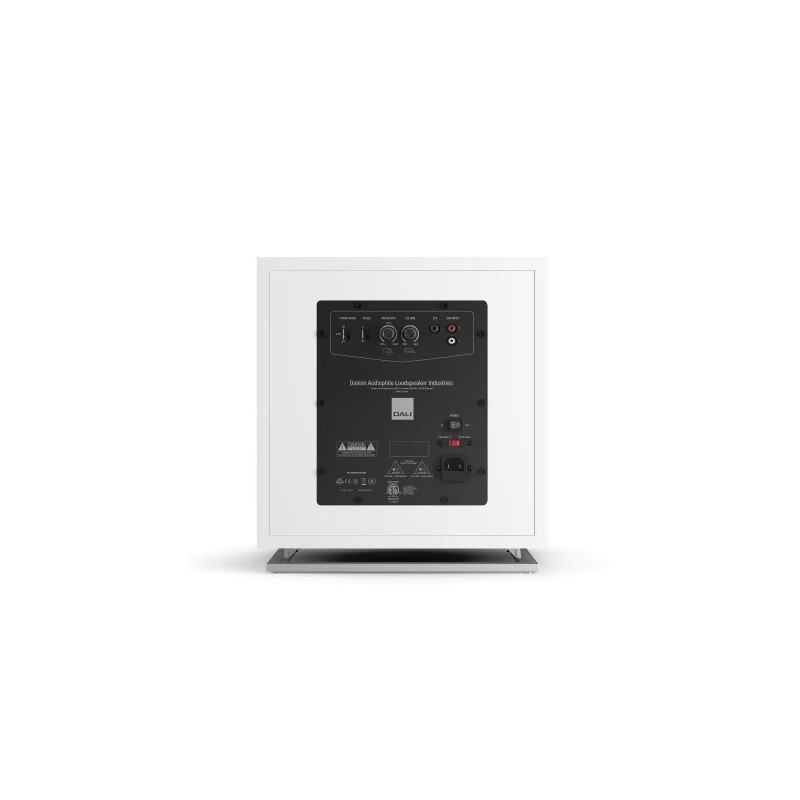 DALI SUB E-12 F blanco satinado — panel trasero, conexiones LFE y RCA, controles de volumen, fase y corte