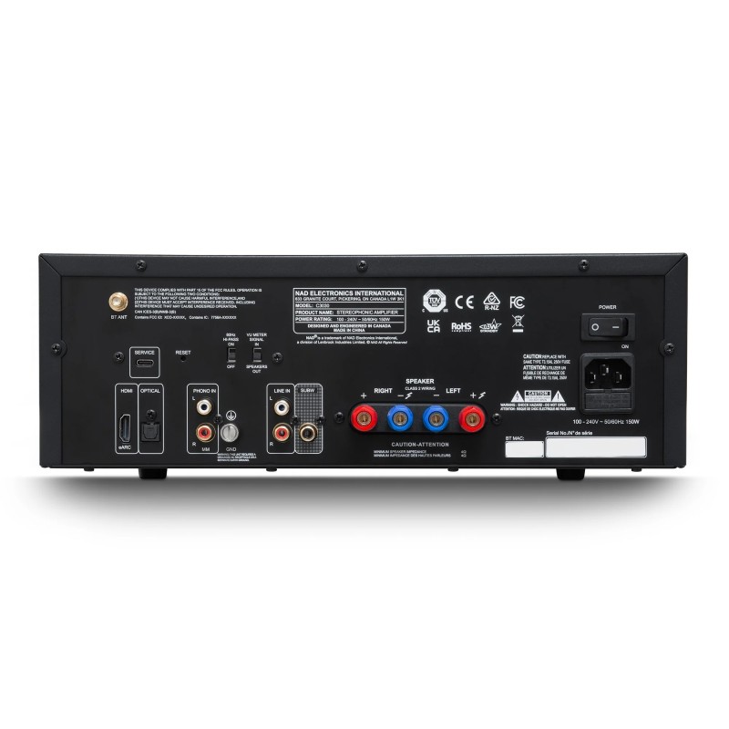 NAD C 3030 — panel trasero con bornes de altavoz, HDMI eARC, óptica, phono y salida de subwoofer