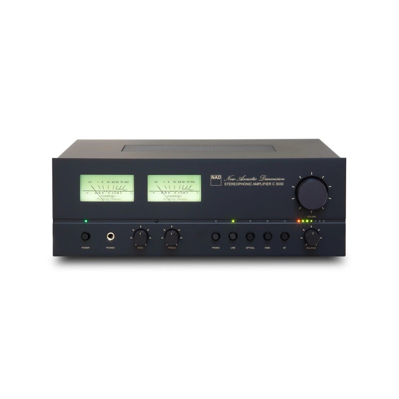 NAD C 3030 — frontal con los dos vúmetros iluminados y los selectores de entrada