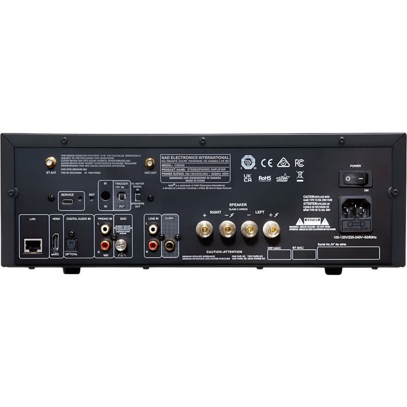 NAD C 3030S — panel trasero con bornes de altavoz, conexiones digitales y de red