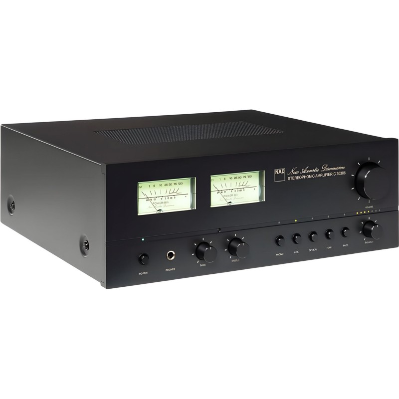 NAD C 3030S — detalle de los dos vúmetros iluminados en el frontal