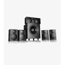 Wharfedale DX-3 HCP en negro, las seis cajas de frente con el central sobre el subwoofer sin rejilla