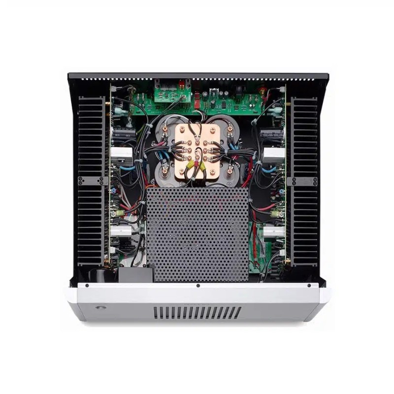 Rotel RB-1582 MkII silver — vista superior con la tapa sacada y la electrónica interior vista