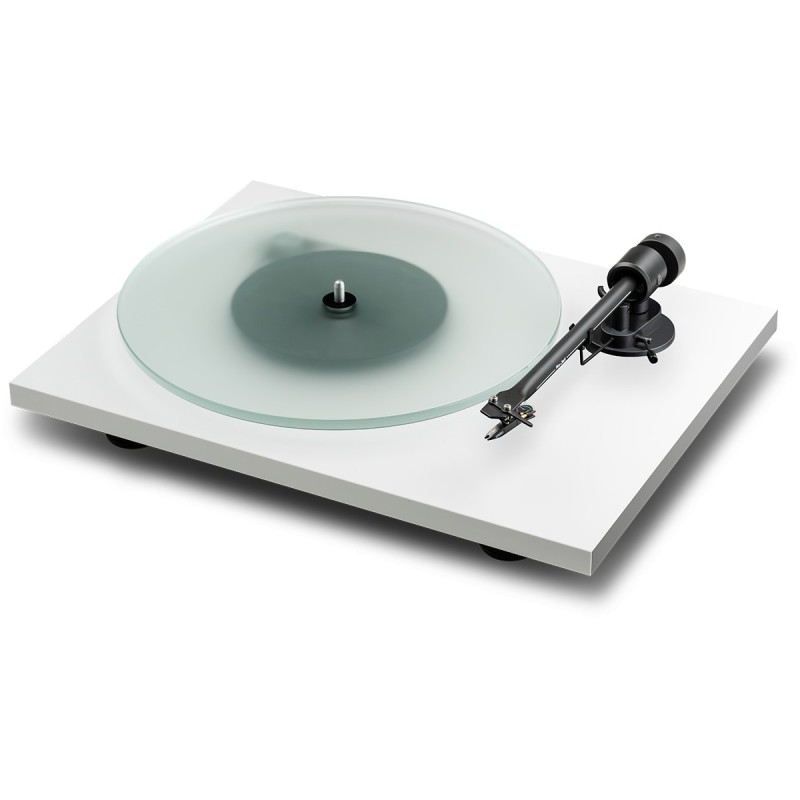 Pro-Ject T1 EVO blanco satinado — vista lateral superior con vista del plato de vidrio