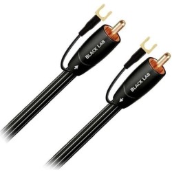 AudioQuest Black Lab, vista inclinada de los dos conectores RCA con flechas de sentido y horquillas de masa
