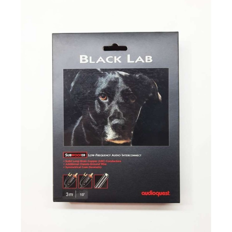 AudioQuest Black Lab, caja del fabricante con la foto de un labrador negro y la etiqueta de 3 m