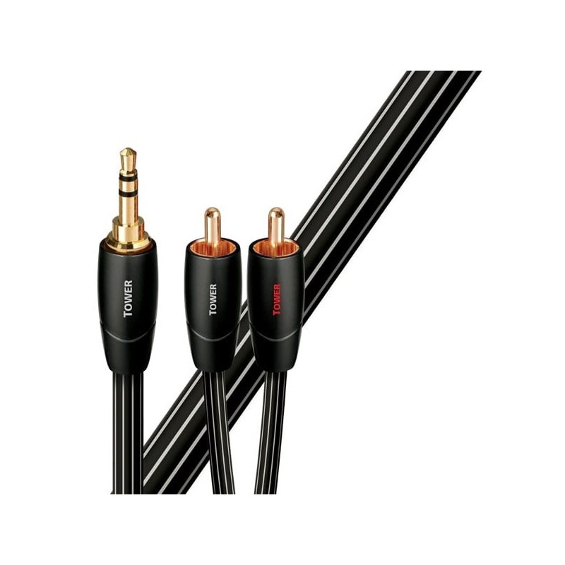 AudioQuest Tower, cable mini-jack 3,5 mm a 2 RCA con la cubierta negra de rayas grises en diagonal