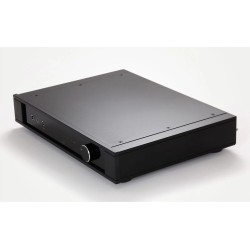 Rega Elex Mk4, vista elevada de tres cuartos con la tapa negra, las tomas del frontal y el mando de volumen