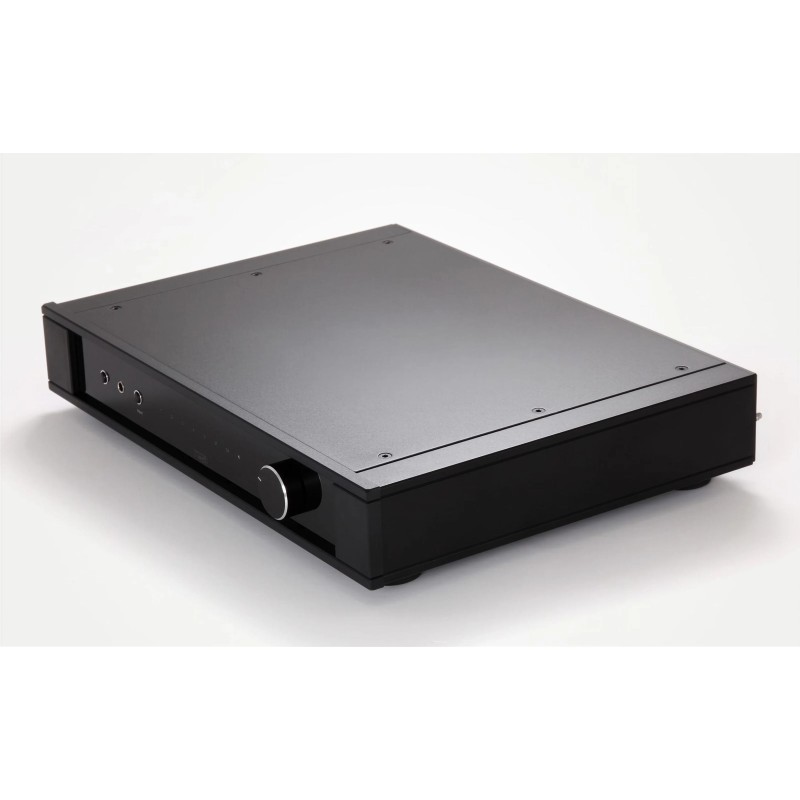 Rega Elex Mk4, vista elevada de tres cuartos con la tapa negra, las tomas del frontal y el mando de volumen